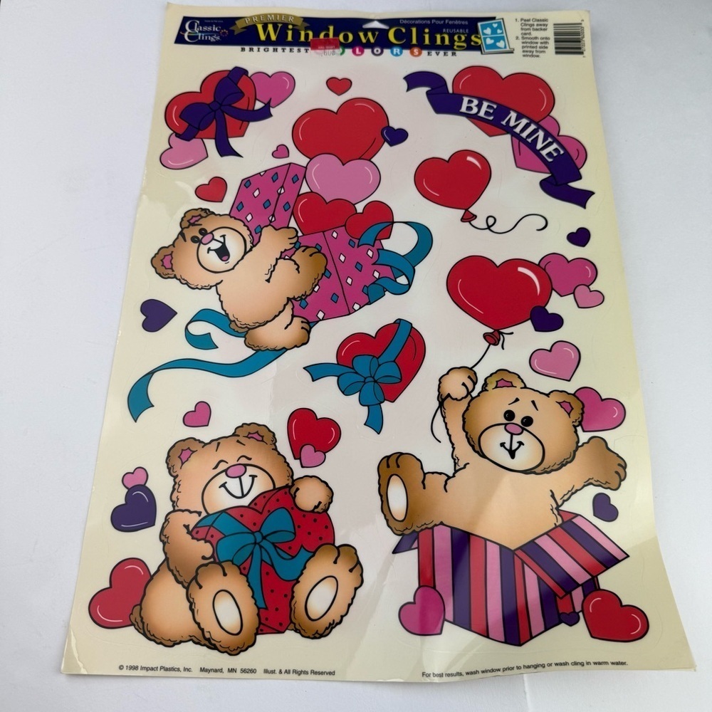 1998 Window Clings Valentine Bears Hearts Classic Clings NEW